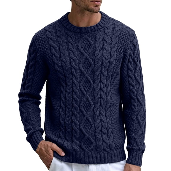 Mens Cable Knit Pullover Sweater Crew Neck Long Sleeve Cable Fisherman Sweaters Navy M