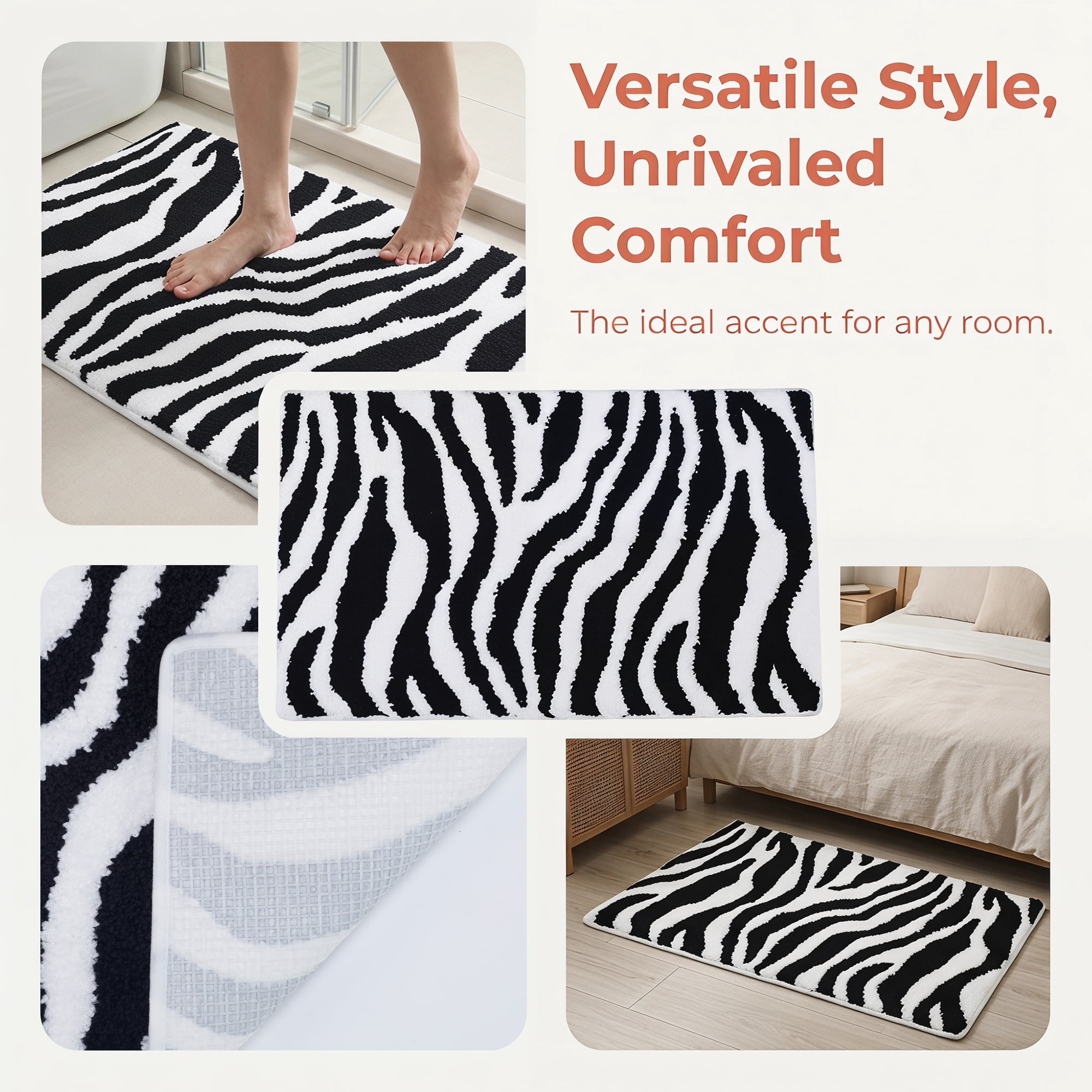 Unique Bargains Zebra Print Absorbent Non Slip Machine Washable Bath Mat Black 24" x 16"