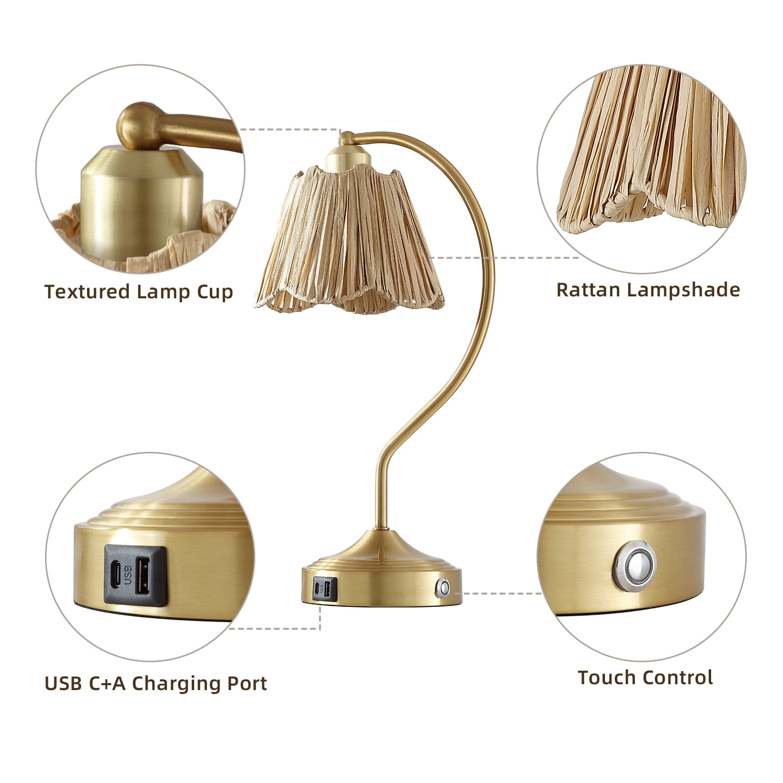 RORIA 18" Curved Gold Table Lamps Set of 2, Touch-Control Three-Level Dimming, USB A+C Charging Ports, Modern Farmhouse Style, Perfect for Living Room or Bedside Lighting Needs.