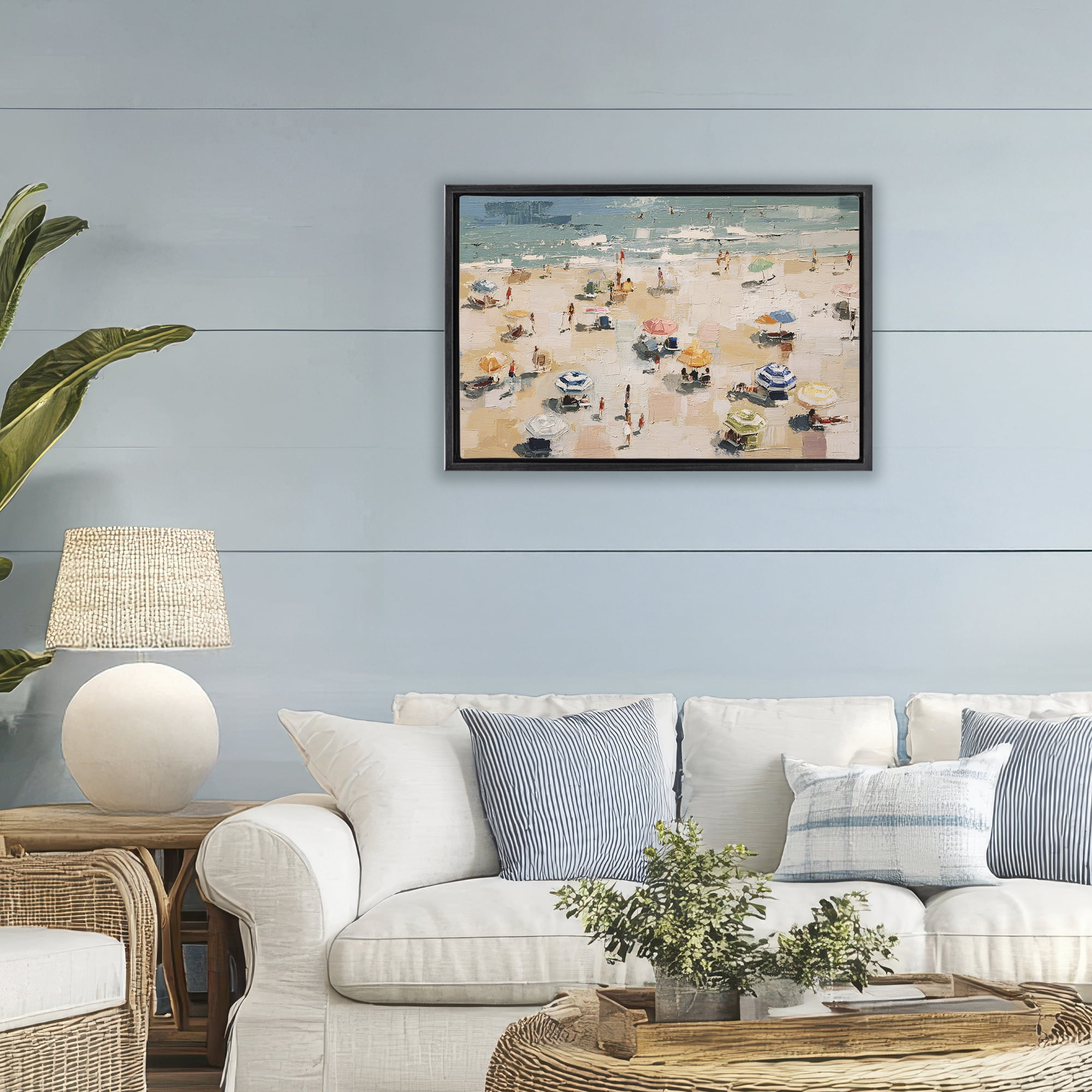 Stupell Industries Summer Beachgoers Expression Black Framed Floater Canvas Wall Art, design by Jacky Ngan