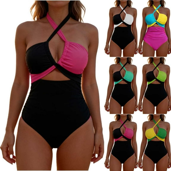 Fewfanhot One Piece Swimsuit Women Tummy Control High Waisted Bathing Suit V Neck Swimwear Cut Out Tie Back Swim Suits