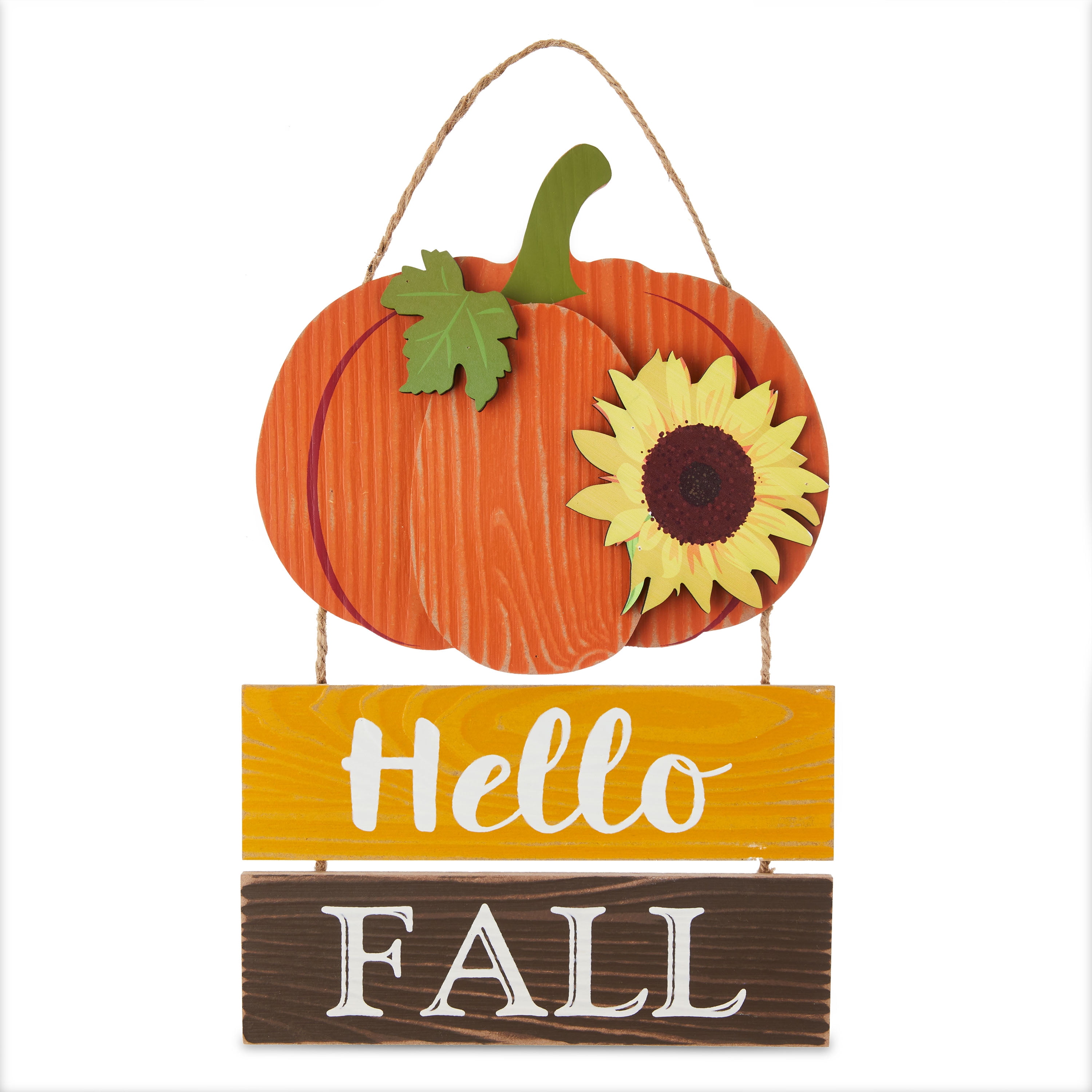 Way to Celebrate Harvest 12-inch Wood Pumpkin Wall Hanging Decoration, Hello Fall