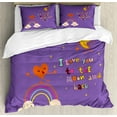 thumbnail image 1 of I Love You Duvet Cover Set Queen Size, Love Bugs Heart Singing over Rainbow Moon Dancing with Scars Heart Beats Cartoon, Decorative 3 Piece Bedding Set with 2 Pillow Shams, Violet, by Ambesonne, 1 of 3