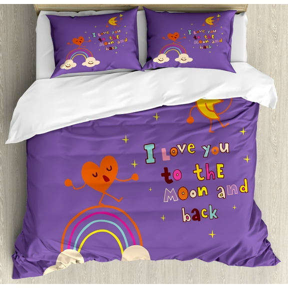 I Love You Duvet Cover Set Queen Size, Love Bugs Heart Singing over Rainbow Moon Dancing with Scars Heart Beats Cartoon, Decorative 3 Piece Bedding Set with 2 Pillow Shams, Violet, by Ambesonne