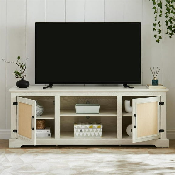 Resenkos Entertainment TV Stand,Entertainment CenterFarmhouse Rattan TV Stand Console Table for TVs up to 70 Inches, TV Console Table with 2 Storage Shelves,White