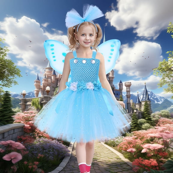 HAYIMI Child Fairy Dress For Girls Puffy Gown For Wedding Girl Birthday Party O-Neck Celebration And Soft Special Occasion Back To School Swing Flowy Kids Sundress