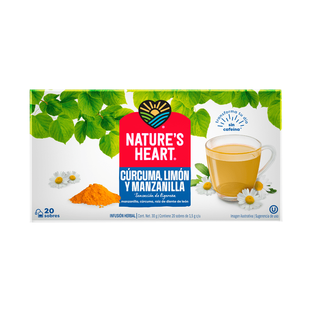 Infusión herbal Nature's Heart restore & renew manzanilla limón y cúrcuma 20 sobres de 1.5 g c/u