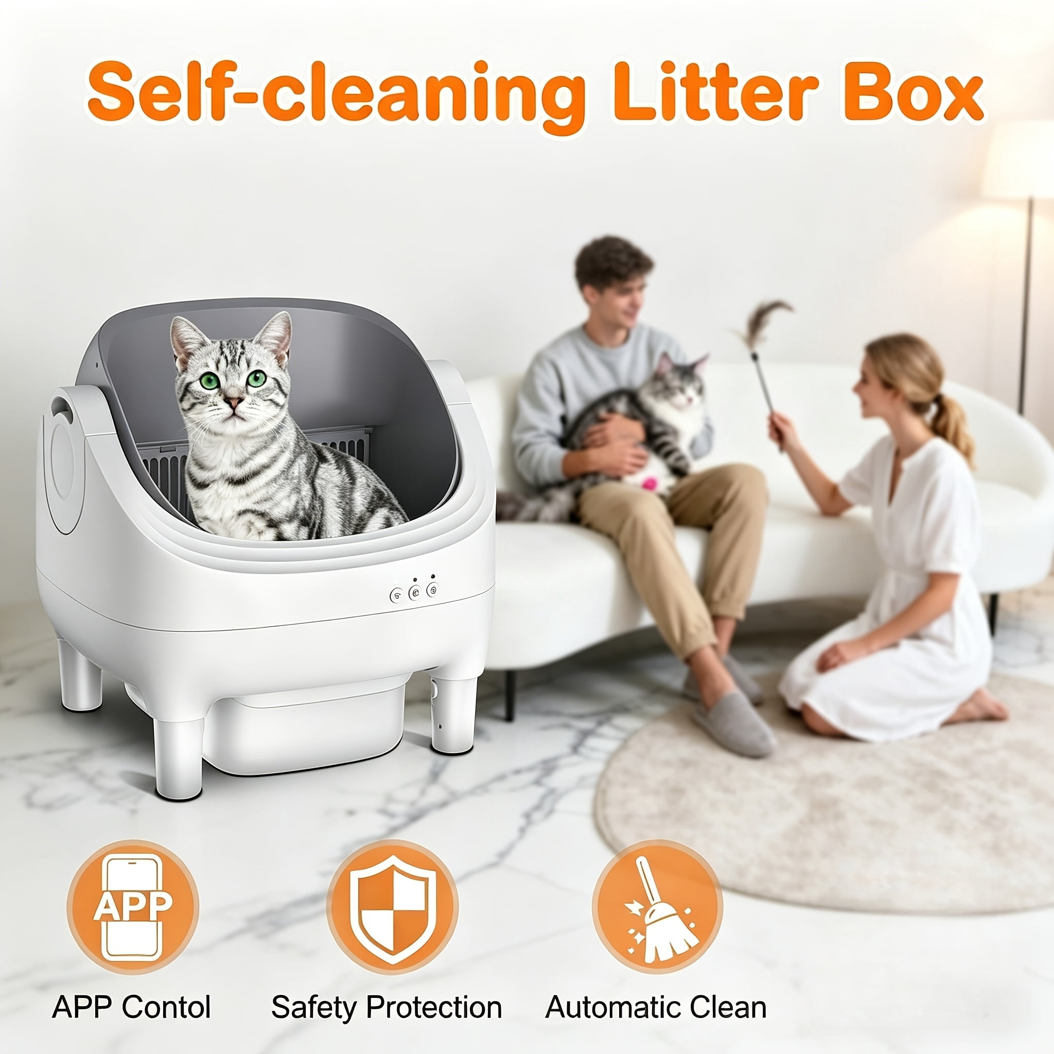 Self-Cleaning Litter Box, Automatic Cat Litter Box with APP Control, Open-Design Electric Litter Box, Safety Anti-Pinch, Odor-Free Waste Disposal Includes Trash Bags, Suitable for Multiple Cats
