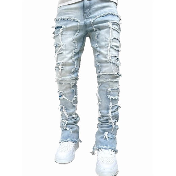 Reppunk Men Streetwear Hip Hop Stacked Spliced Slim Straight Jeans Pants Male Stylish Motorcycle Biker Denim Trousers