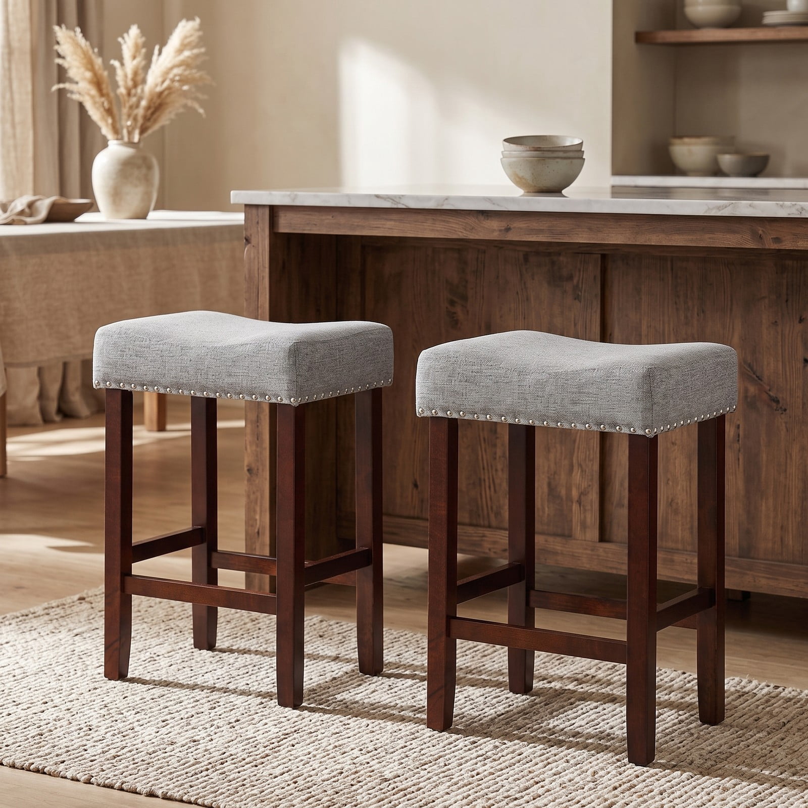Furnibear Set of 2 25 Inch Backless Bar Stools with Curved Cushioned Seat, Linen Upholstered Counter Height Kitchen Bar Chairs with Rubber Wood Legs and Footrest, Gray