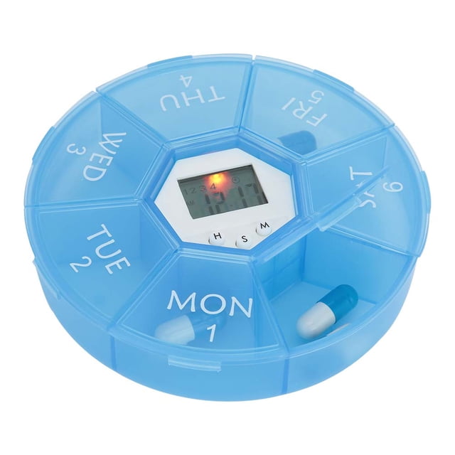 Boîte de Rangement pour Médicaments Organisateur de Pilules 7 Compartiments Mini Portable Boîte de Rangement pour Comprimés de Médicaments Bonbons avec RemiderBlue