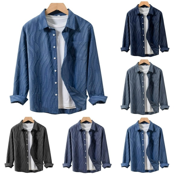 Txeol Mens Lapel Button Down Shirt Jackets Jacquard Denim Long Sleeve Shirts Fall Fashion Casual Coats with Pocket 2025,Black,S