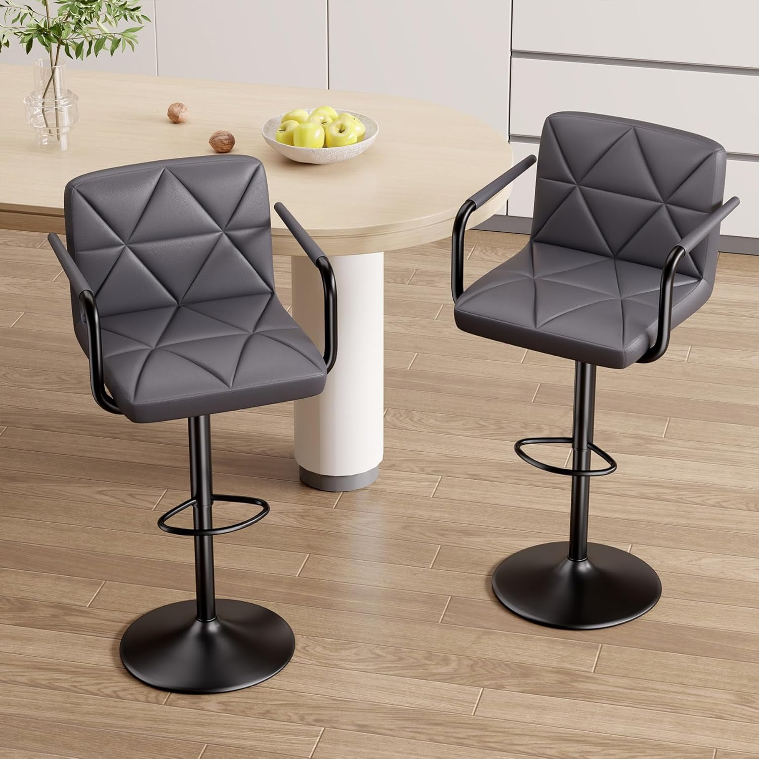 Hawsaiy Modern Bar Stools Set of 2, PU Leather Adjustable Swivel Bar Chairs with Armrests and Back, Hydraulic Counter Height Stools with Footrest for Kitchen Island, Dining Room, Bar, Dark Gray