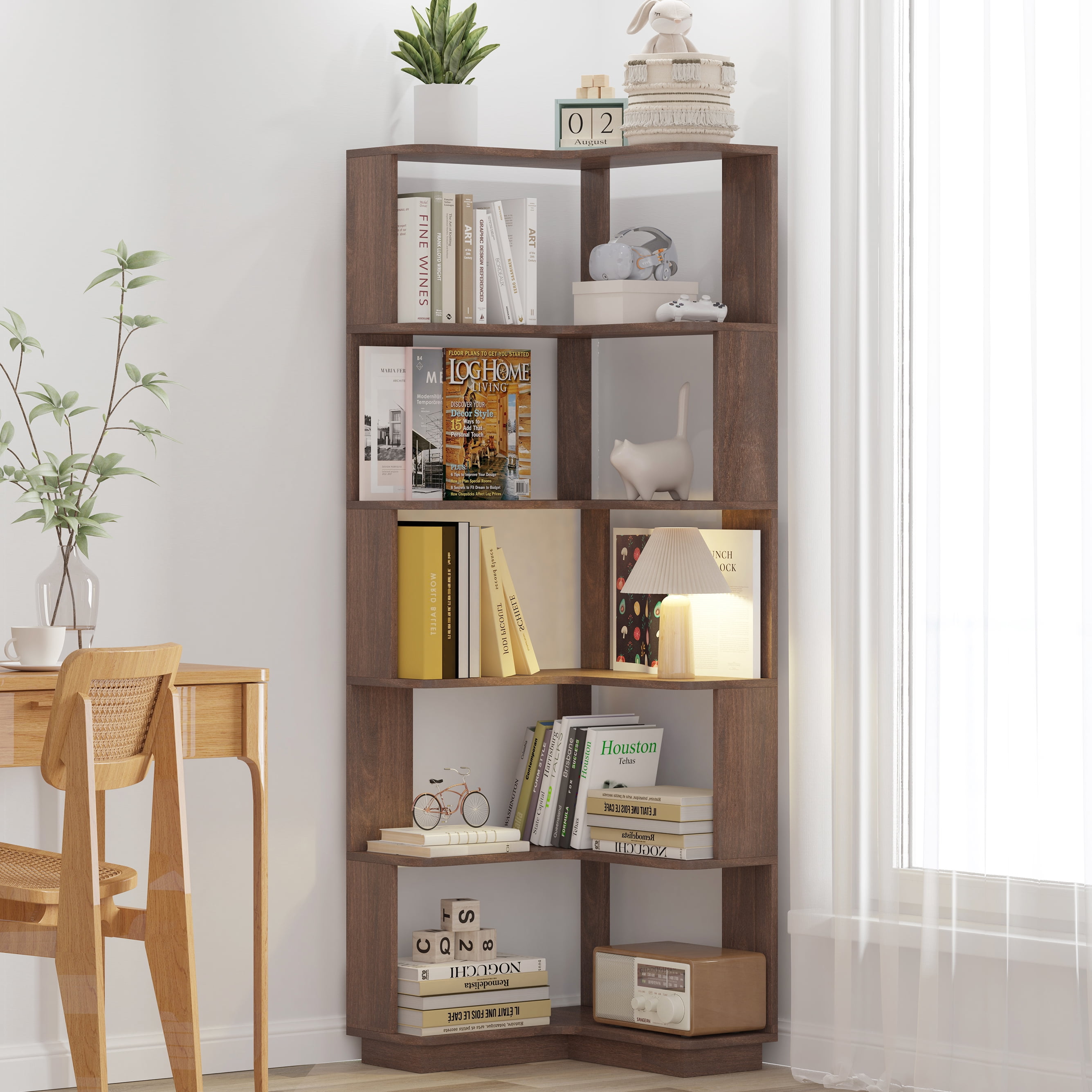 6 Tier Freestanding L-Shaped Corner Bookshelf Dark Brown Wooden Bookcase with Anti-Drop Panel Anti-Tipping Device Display Shelf Storage Organizer