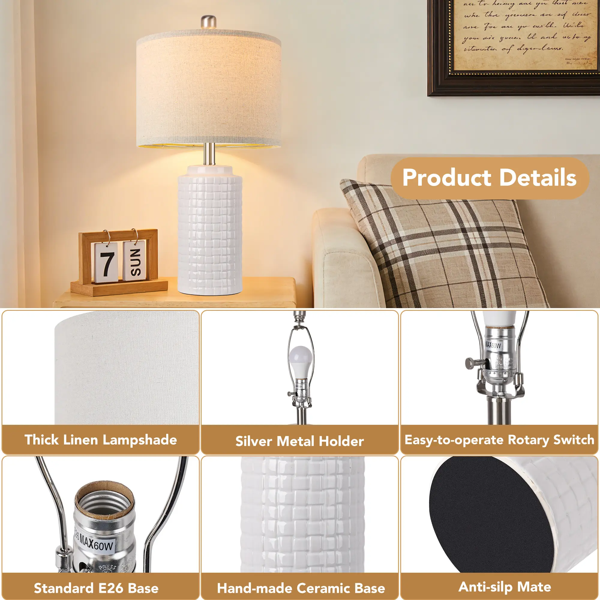 23in Modern Ceramic Table Lamp Set of 2, Table Lamps Rustic Bedside Nightstand White for Living Room