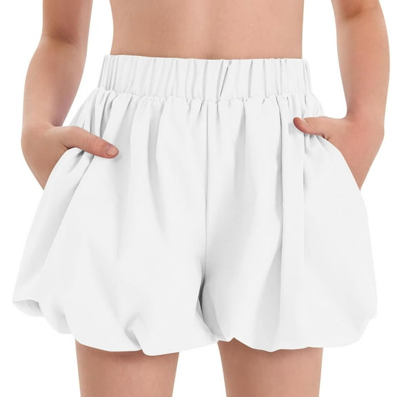 FNFYFH Shorts for Girls Loose Fit Elastic Waisted Shorts with Pockets Kids Solid Bottoms，White