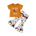 thumbnail image 1 of Sunloudy Toddler Girls Summer Outfit, Short Sleeve Cattle Head Print Tops + Geometric Pattern/Cow Print Flared Pants, 1 of 9