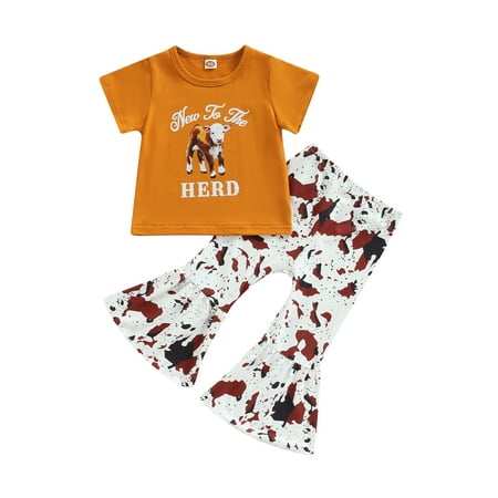 

Calsunbaby Toddler Baby Girls Summer Outfit Sets Cattle Head Print Tops Geometric Cow Print Flared Pants Khaki Style 1 1-2 Years