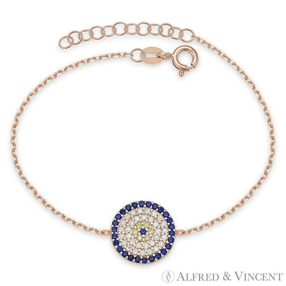 Evil Eye 13mm Circle Charm CZ Crystal Pave Strand Bracelet in .925 Sterling Silver