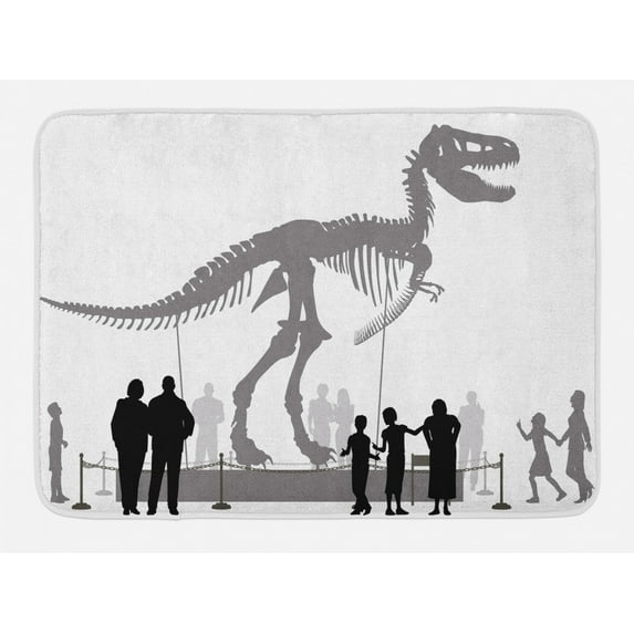 Dinosaur Bath Mat, Silhouettes of People Looking at a Tyrannosaurus Rex Skeleton in a Museum, Non-Slip Plush Mat Bathroom Kitchen Laundry Room Decor, 29.5 X 17.5 Inches, Dimgrey Black White, Ambesonne