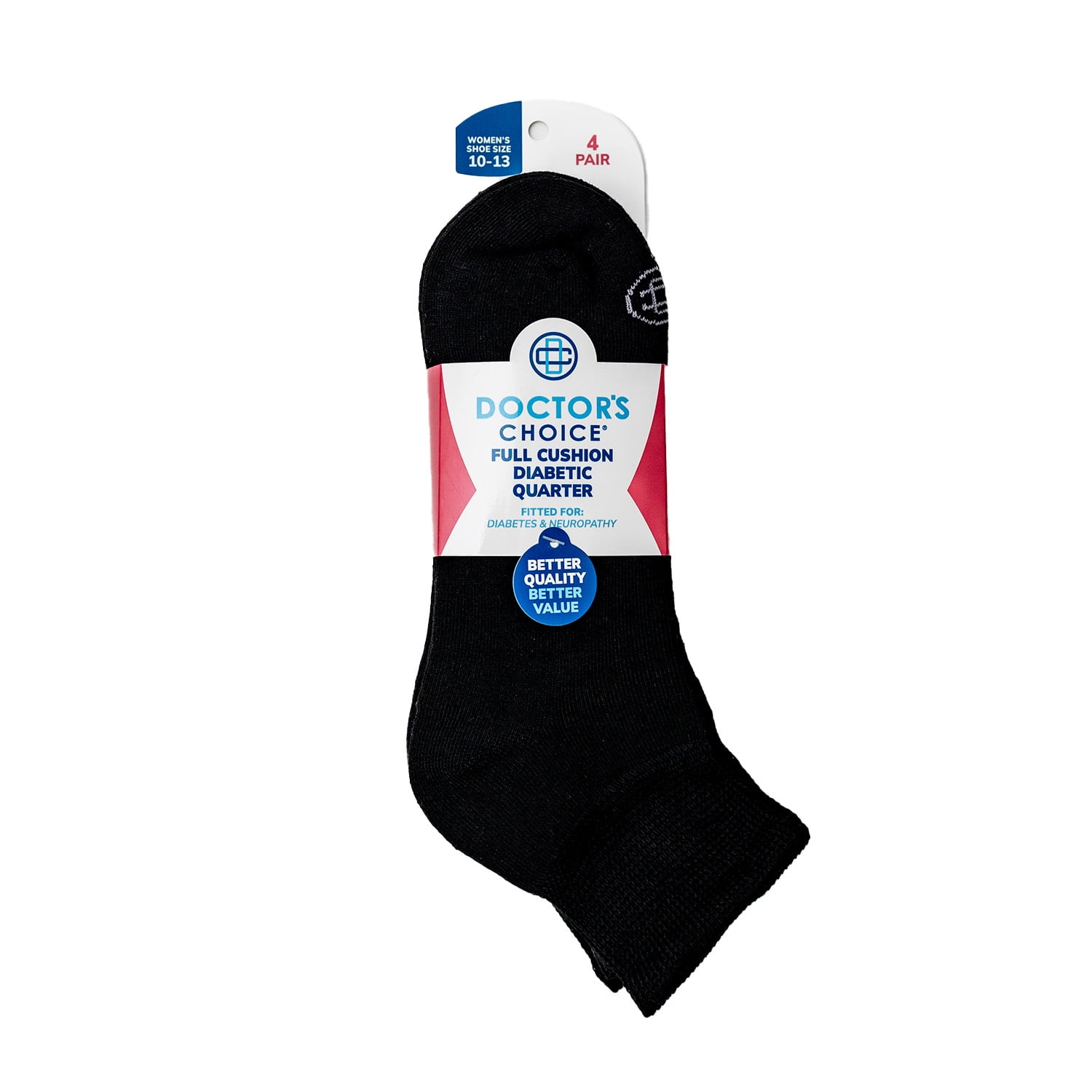 Doctor's Choice Diabetic Full Cushion Quarter Women's Socks, Large, Women's Shoe Size 10-13, 4 Pack