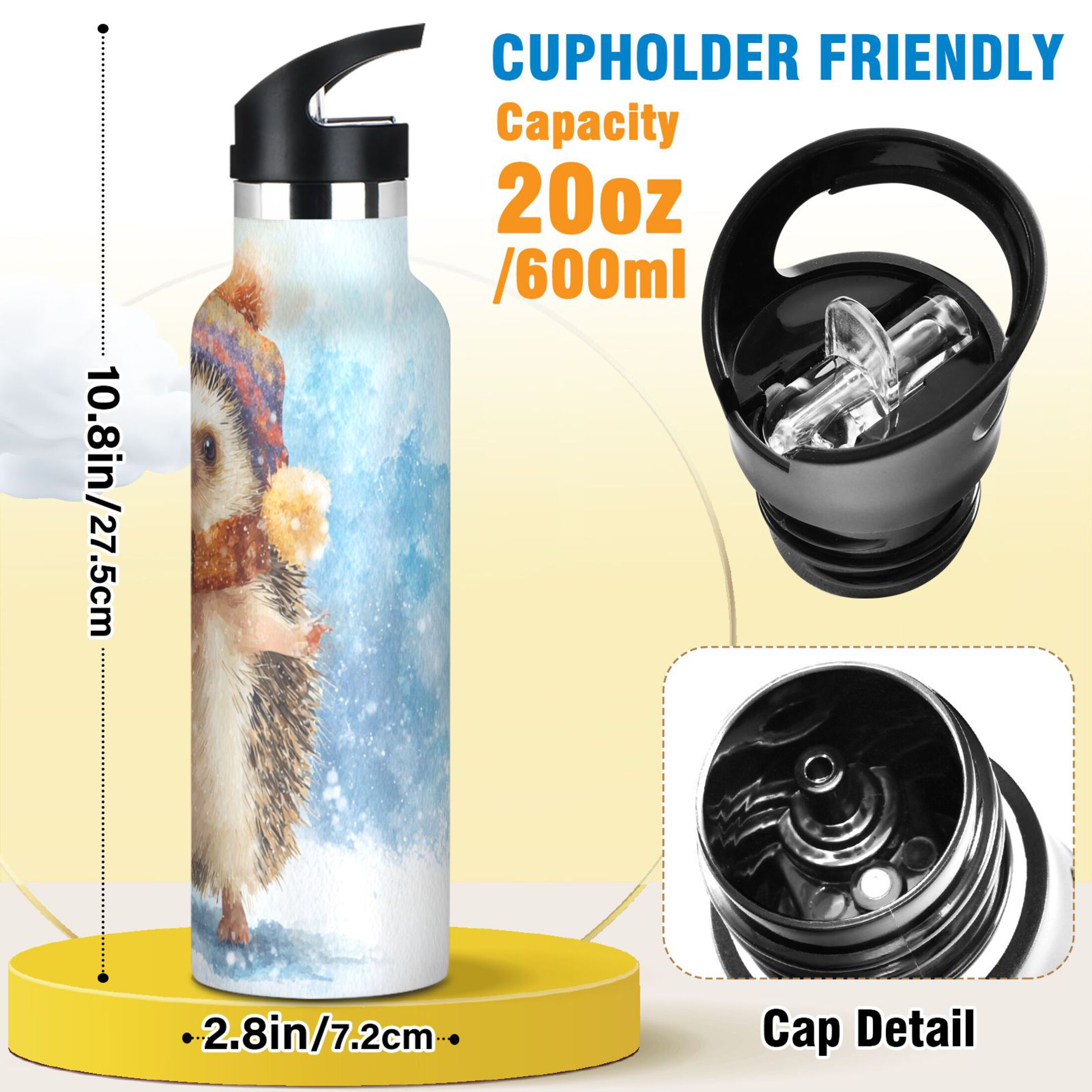 Kids Insulated Stainless Steel Sports Water Bottle 600ml (20oz) Cute Hedgehog in Hat