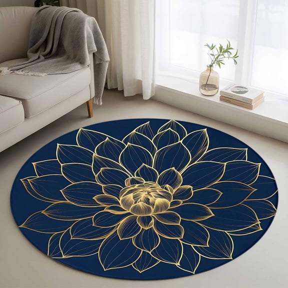 Navy Blue Yellow Spring Floral Round Rug 3.3ft Washable Circle Entryway Rugs Non Slip Chic Blossoms Botanical Area Rug Indoor Floor Carpet for Bedroom Kitchen Living Room Home Office Dining Room