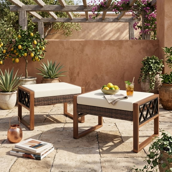 Furnibear PE Rattan Wicker Ottoman Set of 2, Outdoor Patio Footstool with Removable Cushions, Acacia Wood & Metal Frame for Garden Porch, 400 LBS, Beige
