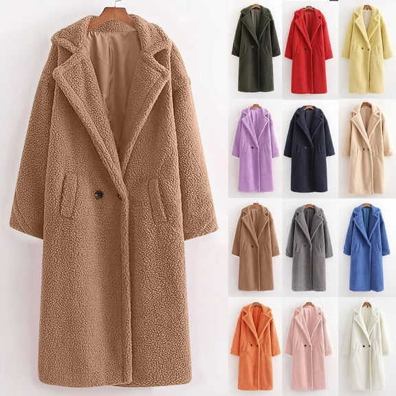 Juebong Long Faux Fur Coats for Women Sherpa Jackets Fuzzy Fleece Warm Teddy Cozy Sweaters Winter Long Sleeve Shaggy Lapel Overcoat Pink,S