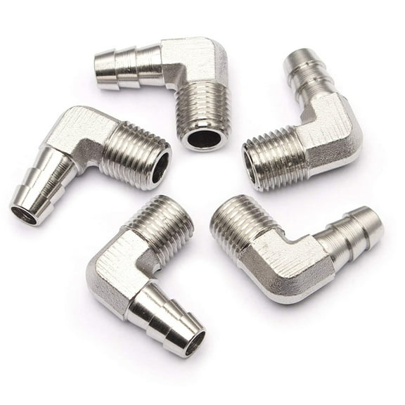 LTWFITTING 90 Degree Elbow Stainless Steel 316 Barb Fitting 3/8" ID Hose x 1/4" Male NPT Air Gas (Pack of 5)