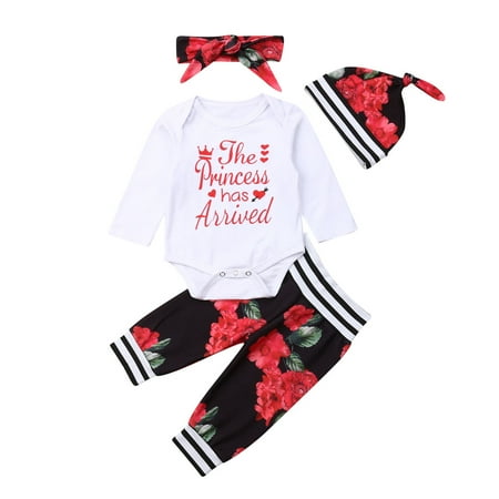 

Multitrust Baby 4PCS clothing set letter jumpsuit floral pants turban beanie