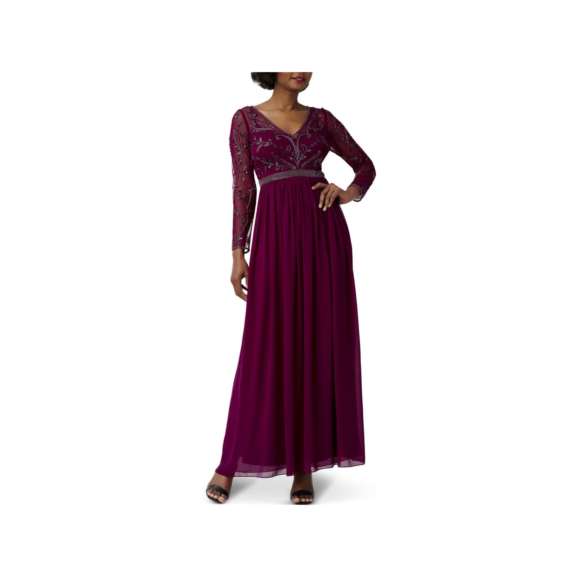 ADRIANNA PAPELL Womens Burgundy Zippered Lined Beaded Bodice Long Sleeve V Neck Maxi Formal Gown Dress 6