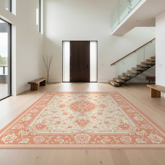 Design&I 8'x10' Washable Area Rug Extra Large Skid-Resistant Low Profile Bordered Vintage Medallion With Ornate Scrollwork And Decorative Trim for Living Room, Family