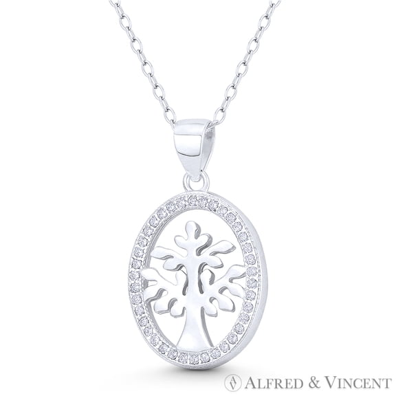 Tree-of-Life / Etz Chaim Charm CZ Crystal 26x16mm Pendant & Chain Necklace in .925 Sterling Silver
