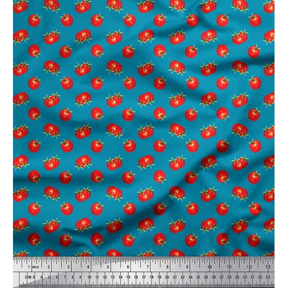 Soimoi Blue polyester Crepe Fabric Tomato Vegetable Printed Craft Fabric by the Yard 42 Inch Wide