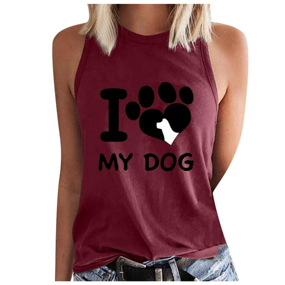 lcziwo Summer Tank Tops for Women 2024,Womens Tank Tops I My Dog Letter Graphic T Shirts Crewneck Sleeveless Casual Loose Tunic Blouses,Wine,XXL