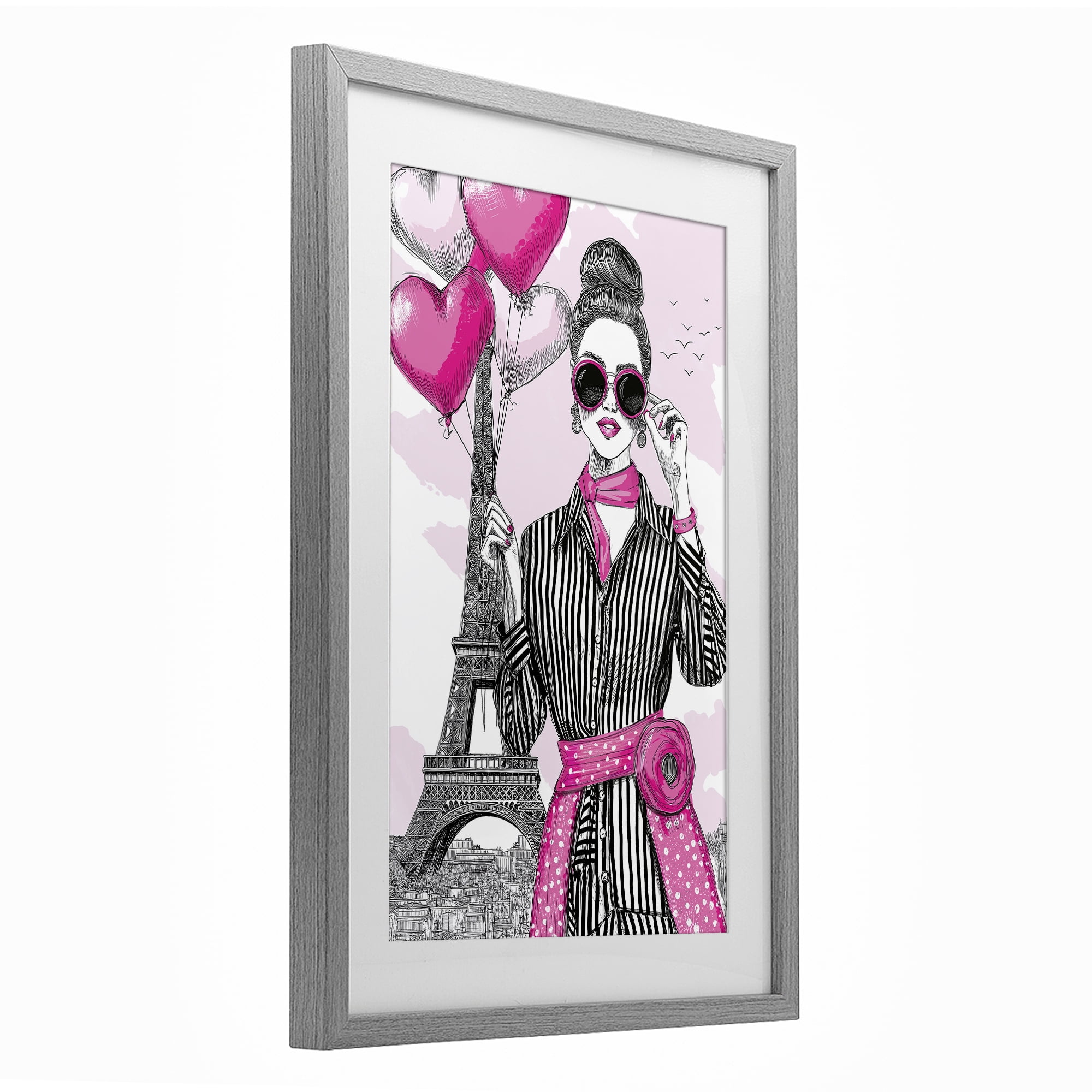 Stupell Industries Parisian Chic Woman with Balloons Gray Framed Print Under Glass, design by Jess Stempel