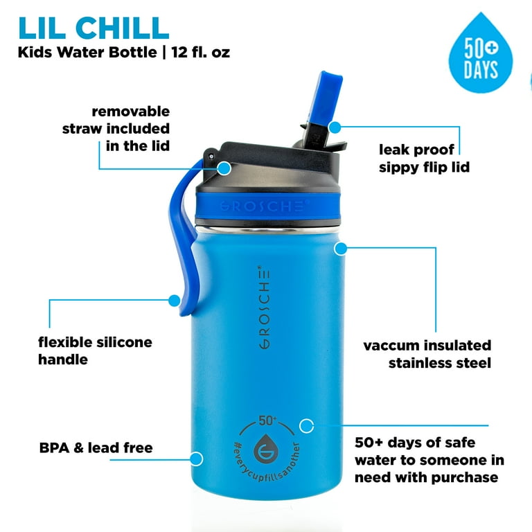 GROSCHE Lil Chill 12 oz Kids Water Bottle Insulated Water Bottle with Straw  for Kids School with Straw Sip Lid - Blue