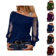 thumbnail image 1 of Sparkly Tops for Women 2026 Spring Fashionable Y2K Long Sleeve Off Shoulder Mesh T Shirt Going out Top Rave Outfits, 1 of 4