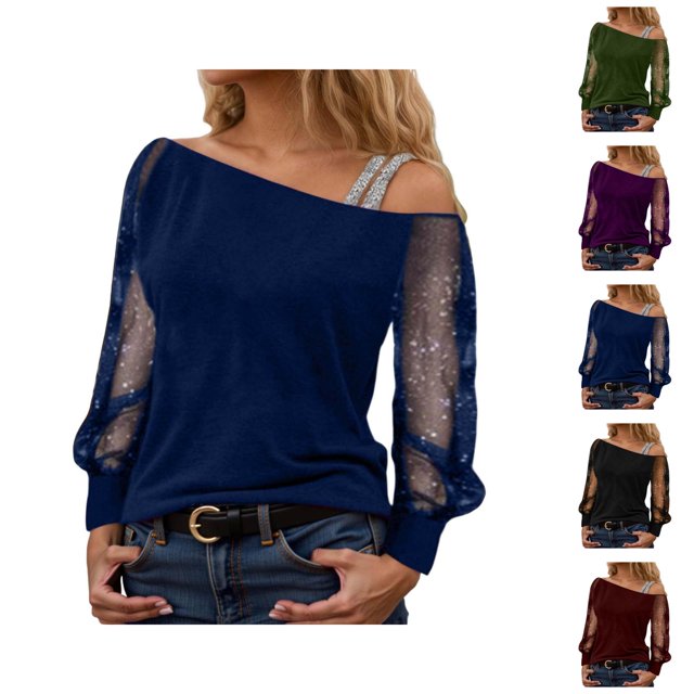 Sparkly Tops for Women 2026 Spring Fashionable Y2K Long Sleeve Off Shoulder Mesh T Shirt Going out Top Rave Outfits
