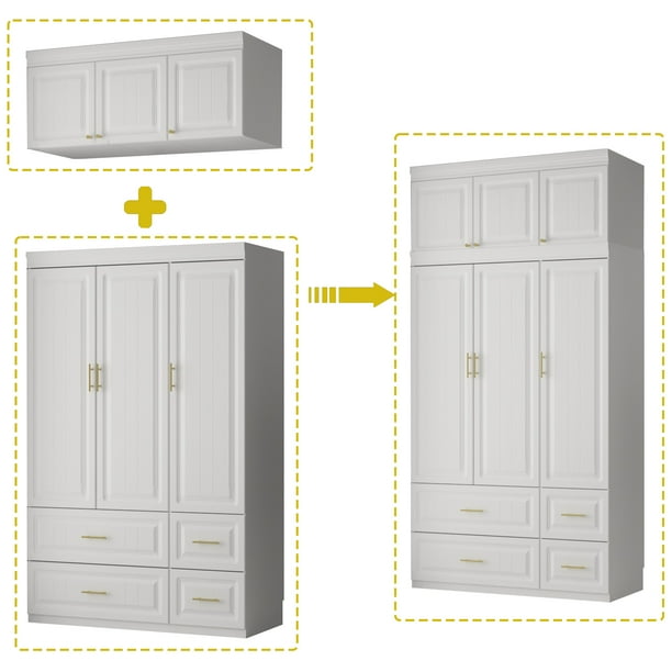 Timechee White Wardrobe Armoire with Hanging Rod, Top and