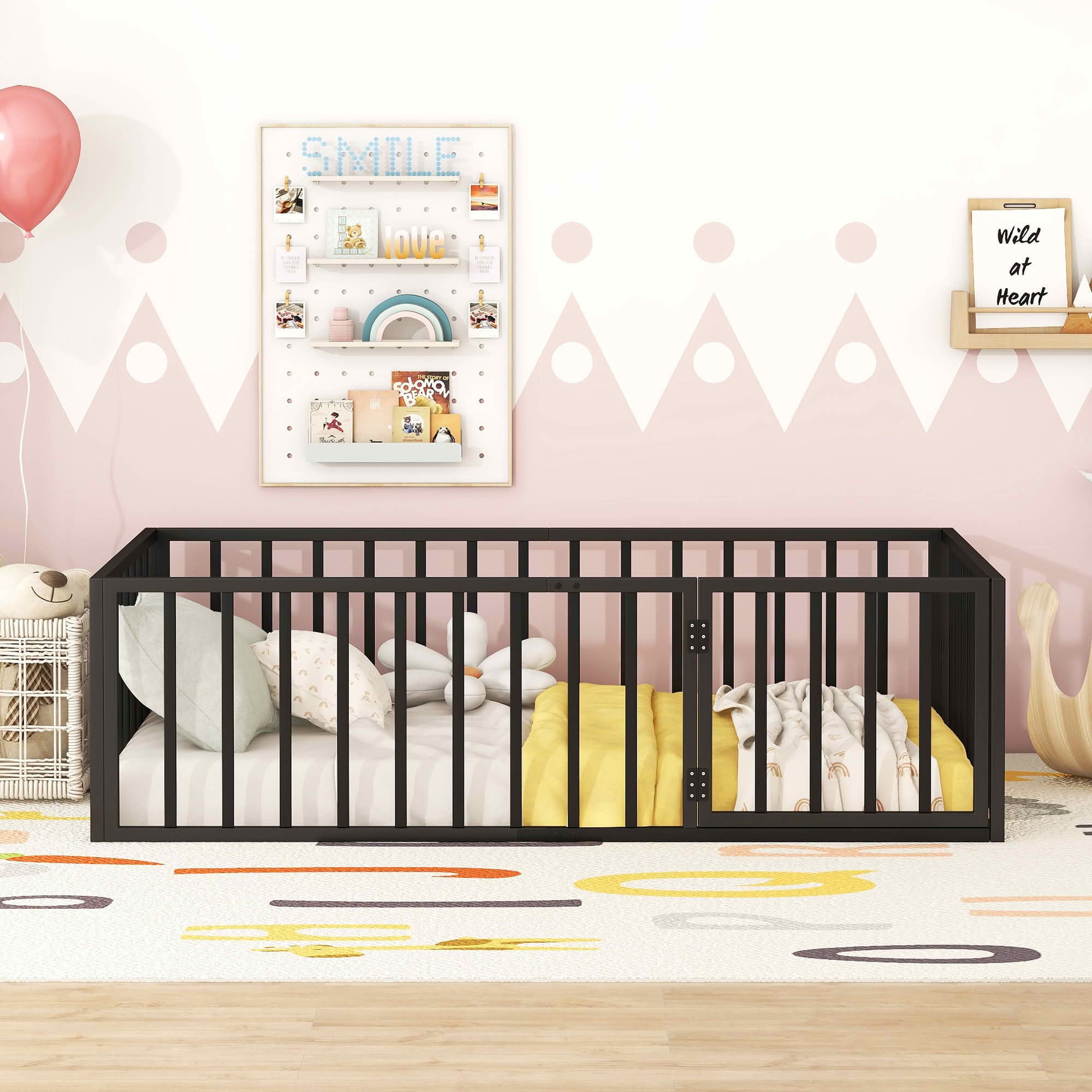 MAYEERTY Metal Floor Bed Frame with Fence and Openable Door Kids Play and Sleep Space