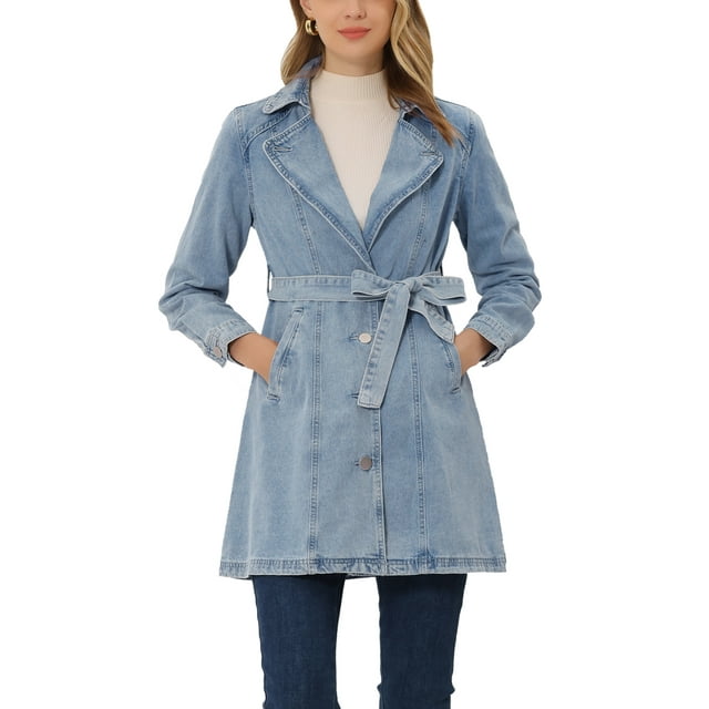 INSPIRE CHIC Veste en Denim Longue pour Femme à Revers Cranté, Manches Longues, Boutonnée, Ceinturée, S Bleu Gris