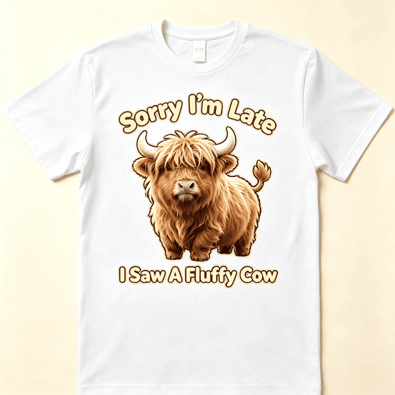 Unisex Funny Highland Cow Graphic T-Shirt, Sorry I'm Late I Saw A Fluffy Cow Cute Fluffy Cow Lover Short Sleeve Crew Neck Casual Tee