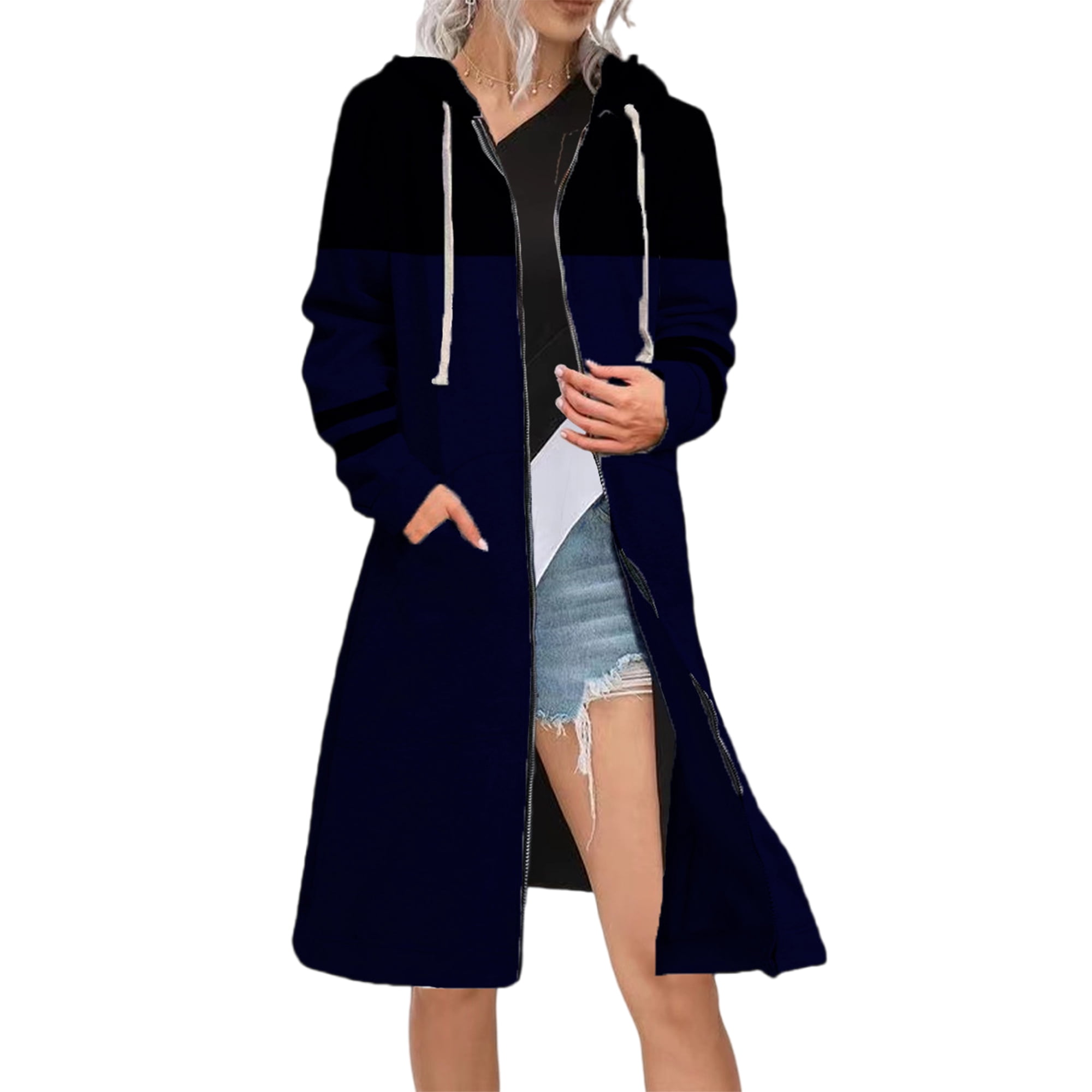 Collarless Jacket Collarless Hooded Color Block Longline Cardigan
