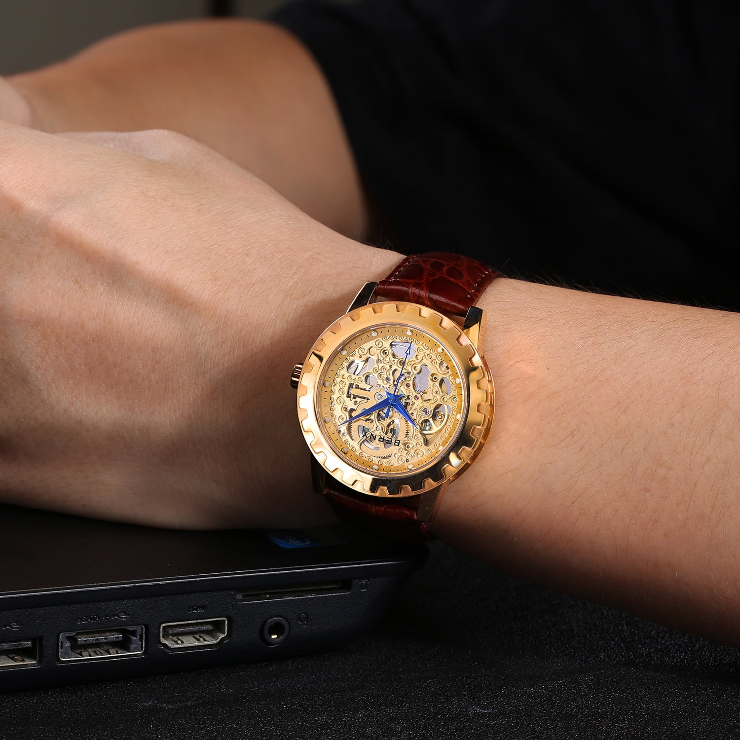 BERNY Automatic Watches for Men, Luxury Skeleton Mechanical Watch Self Winding Carved, Exhibition Caseback, Luminous, 5ATM Waterproof, Stainless Steel, Vintage Men's Leather Watch (Gold)