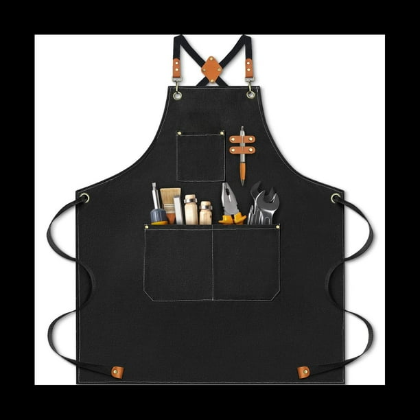 Delantal de Chef para Hombre, Delantal de Lona de AlgodóN Resistente con Espalda Cruzada con Correas Ajustables y Bolsillos, Color Negro