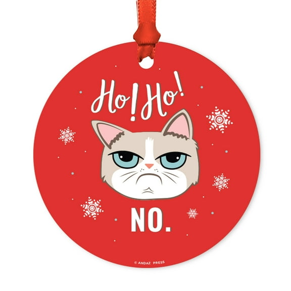 Funny Round Metal Christmas Ornament, Ho Ho No., Angry Cat Graphic, Includes Ribbon and Gift Bag