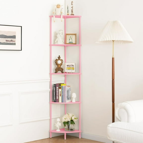 WANBIN 5-Tier Corner Shelf Stand - 65" Tall Narrow Display Bookshelf for Living Room, Pink
