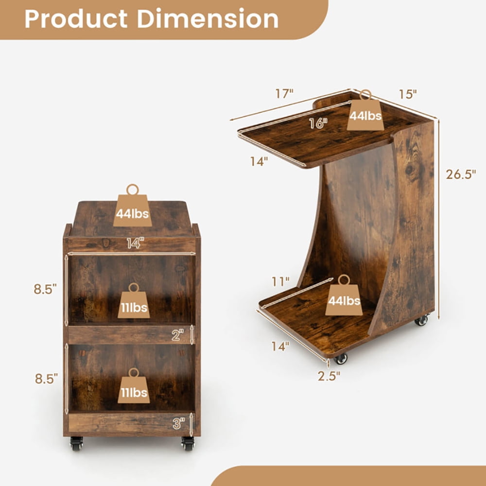 Finihen End Table, C-shaped Rolling End Side with Back Storage Shelves beside Sofa, Sofa Side Table, Bed Side Table, for Living Room, Bedroom, Rustic Brown Finihen End Table, C-shaped Rolling End Side with Back Storage Shelves beside Sofa, Sofa Side Table, Bed Side Table, for Living Room, Bedroom, Rustic Brown